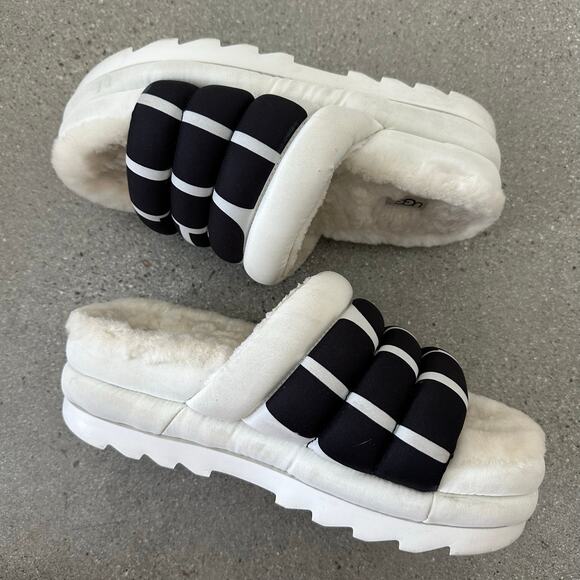 Ugg Maxi Slide Logo Quilted Puff Platform Slipper Sandals Retro White/Black - Picture 3 of 13